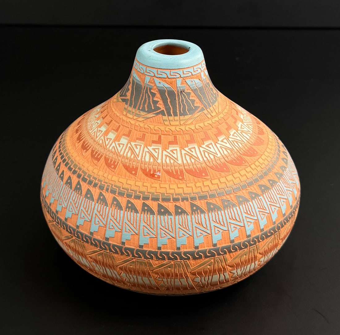 Billy Navajo Pueblo Sgraffito Seed Pot: 5"tall by 6" wide.