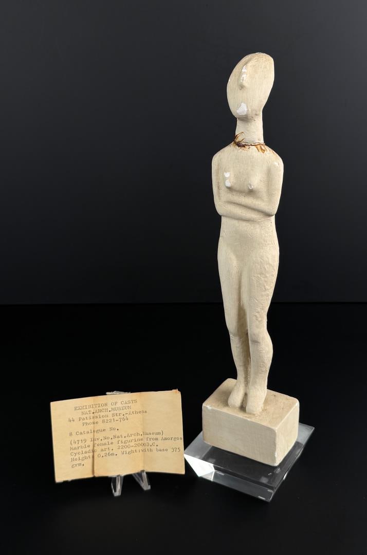 Amorgos Cycladic Pre Historic Cast Figurine: Plaster cast from the Greek National Archeological Museum. 3 1/8" by 12 5/8" tall. Note neck and legs have been repaired.