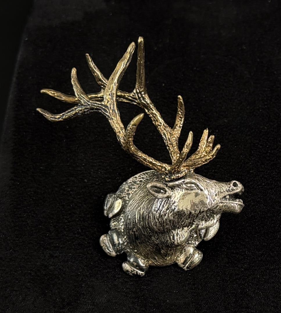 Sterling Silver Bull Elk Bolo Tie: 1 3/8" by 2" by 3". 87.20 grams.