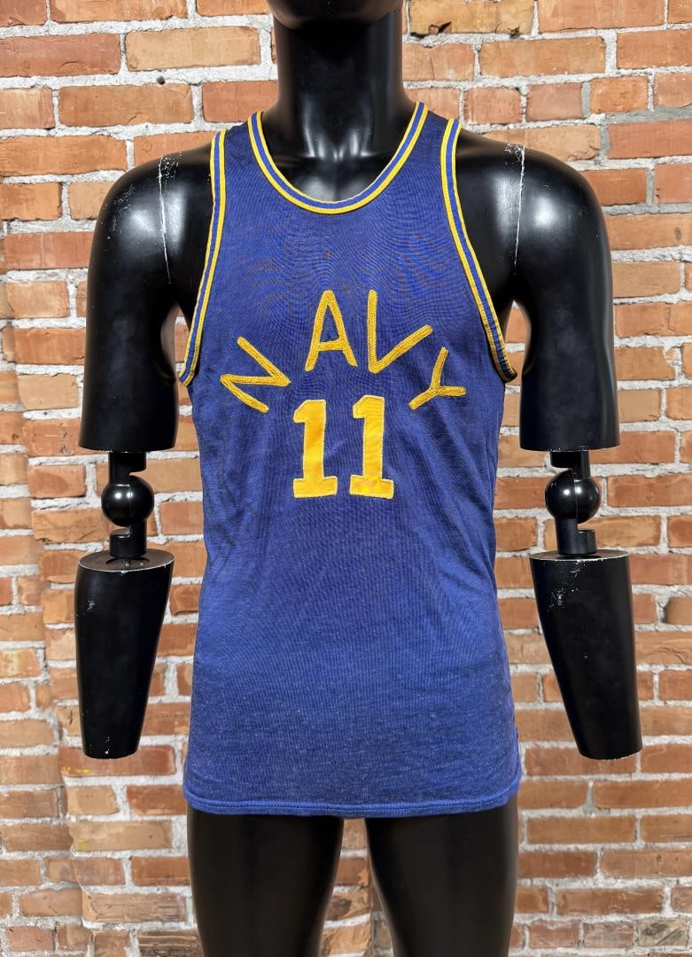 WW2 1940s Durene US Navy Basketball Jersey: 18" armpit to armpit, 27 1/2" length. Nice example with Chain Stitched Lettering.