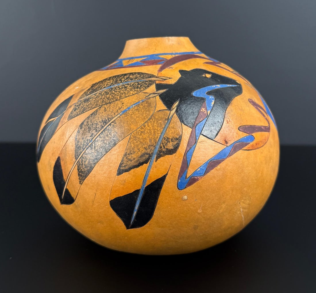 Native American Indian Ridge Kunzel Carved Gourd: Painted by Patrice. 5 3/8" tall by 6 3/4" diameter.