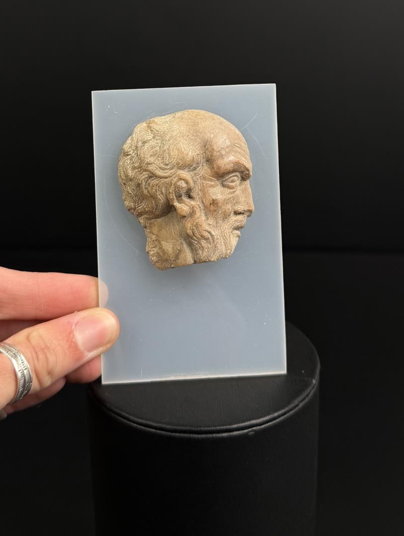 Ancient Greek Carved Stone Head of Chrysippus: Mounted on acrylic, as removed from a relief panel. 3 1/2" by 2 1/2" as displayed.
