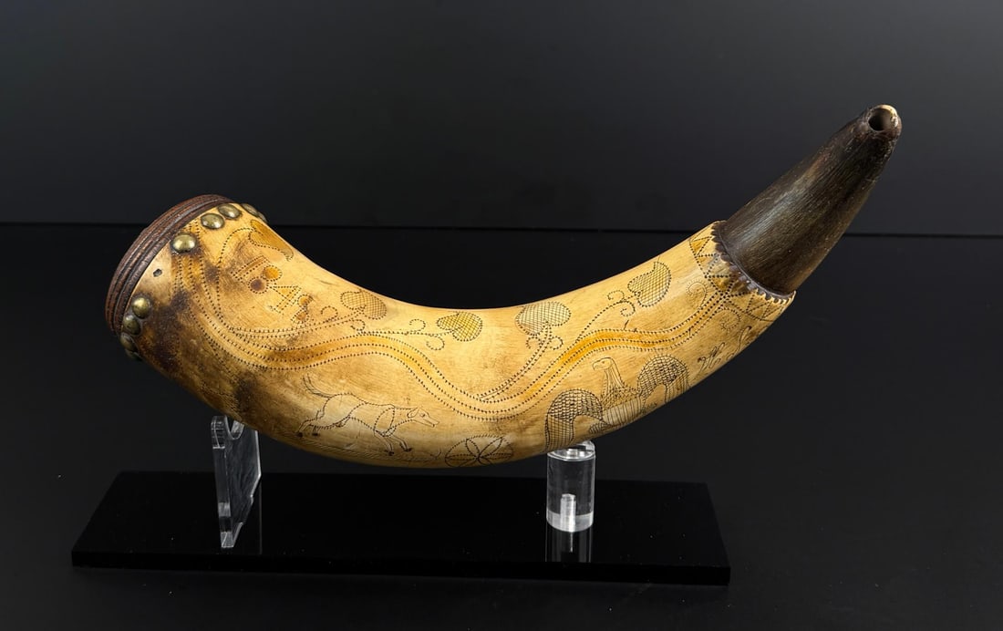 1848 American Army Scrimshaw Powder Horn: In my opinion this horn is old, but the scrimshaw has been added at a later date. 12 1/4" long