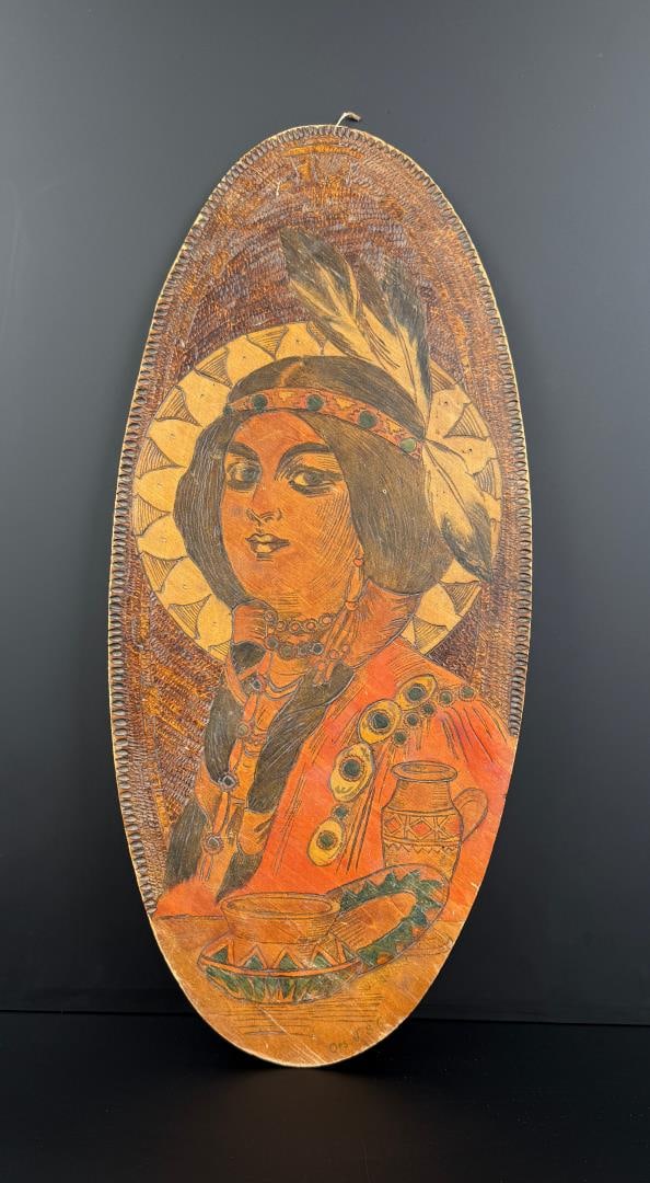 Flemish Pyrography Indian Maiden Wood Plaque: 9 3/8" by 21"