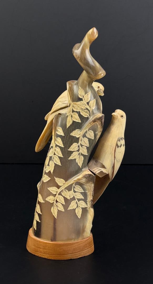 Barry Stein Carved Horn Birds: 12" by 5 1/4" by 3 1/2".