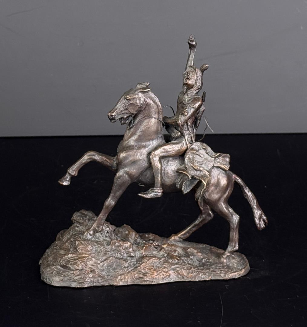 Frederic Remington The Scalp Bronze: Title is The Scalp. 6 3/4" by 6 5/8" by 3 1/4". Frederic Sackrider Remington (1861 - 1909) was active/lived in New York, Kansas, Connecticut. Frederic Remington is known for Western painting and sculp