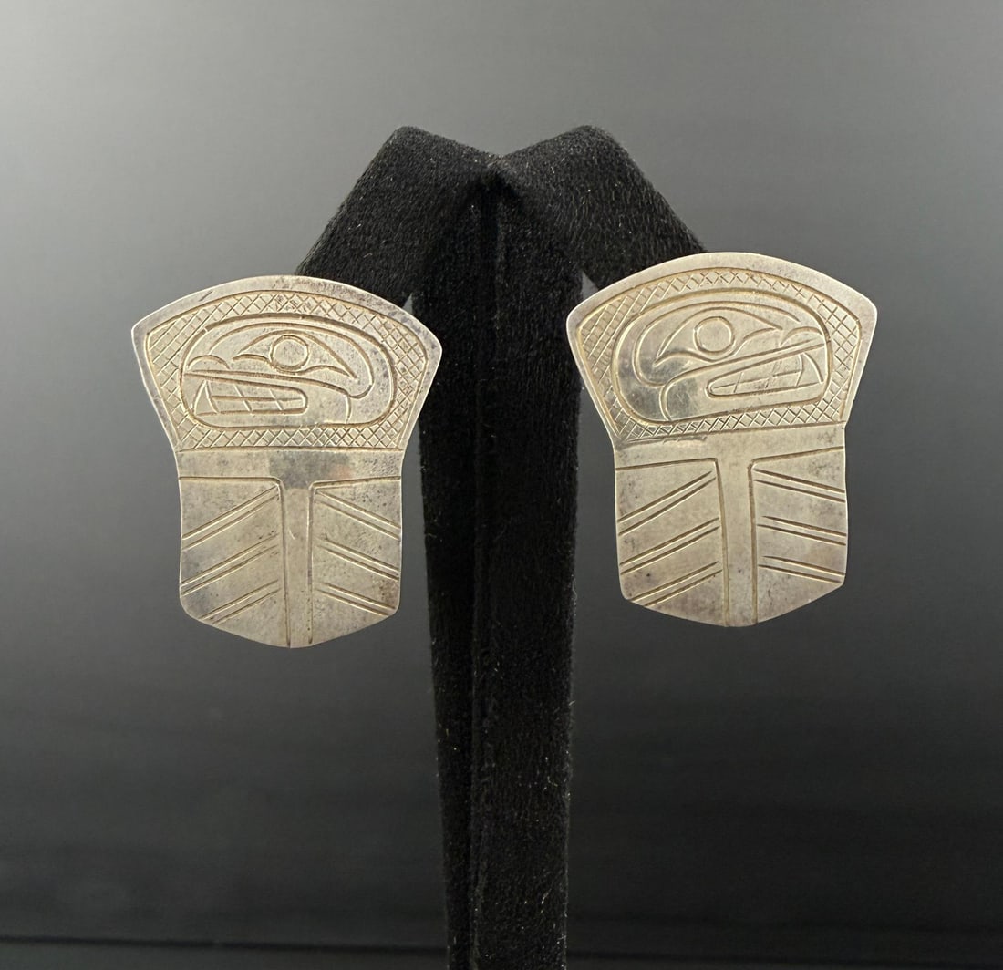 Signed Haida Sterling Silver Shield Earrings: 6.61 grams. 1 1/8" long.