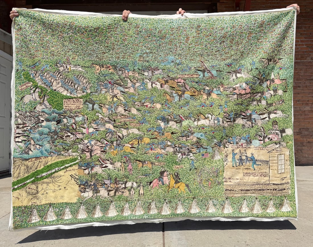 Bad Heart Bull Battle of the Little Bighorn: 56" by 72". Embroidery floss and pigment on muslin or canvas, a pictographic depiction of the historic June 25-26, 1876 event, based on the art of Amos Bad Heart Bull,(Oglala Lakota, c. 1868?1913). Sh