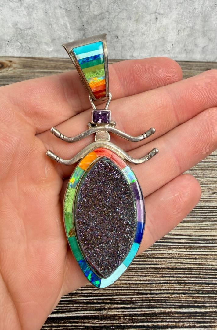 Zuni Sterling Silver Opal Inlaid Bug Pendant: Druzy Titanium Quartz. 3 5/8" by 1 1/2". 39.42 grams.