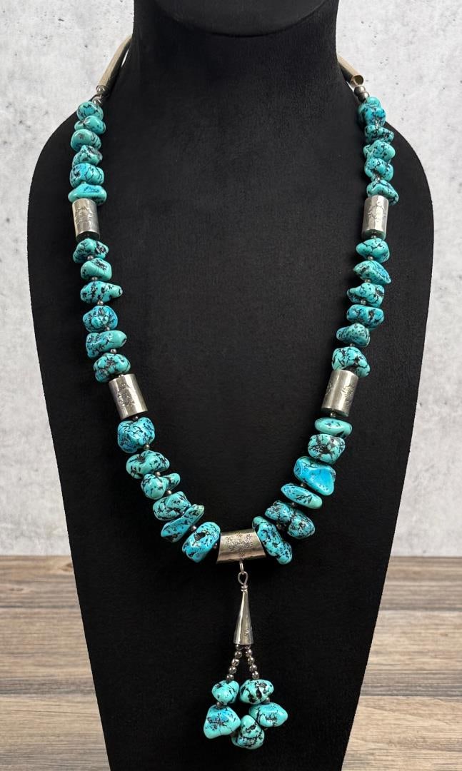 Santo Domingo Pueblo Turquoise Sterling Necklace: 18" long as displayed. 188 grams.
