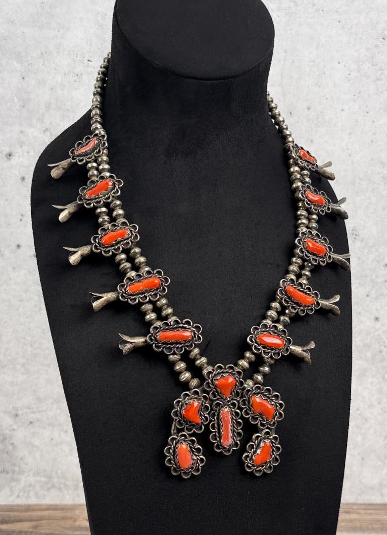 Navajo Sterling Coral Squash Blossom Necklace (1 of 7)