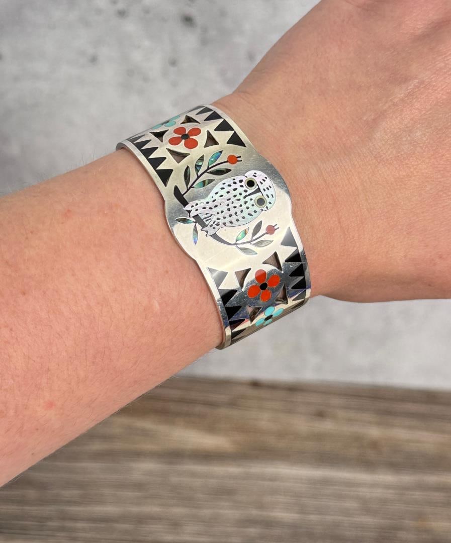 Dennis & Nancy Edaakie Zuni Inlaid Bracelet: Sterling Silver with Multi Stone Inlay. 5 1/2" inner circumference.