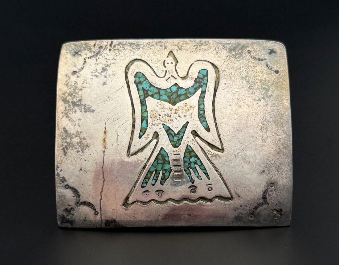 Navajo Sterling Inlaid Peyote Bird Belt Buckle (1 of 3)