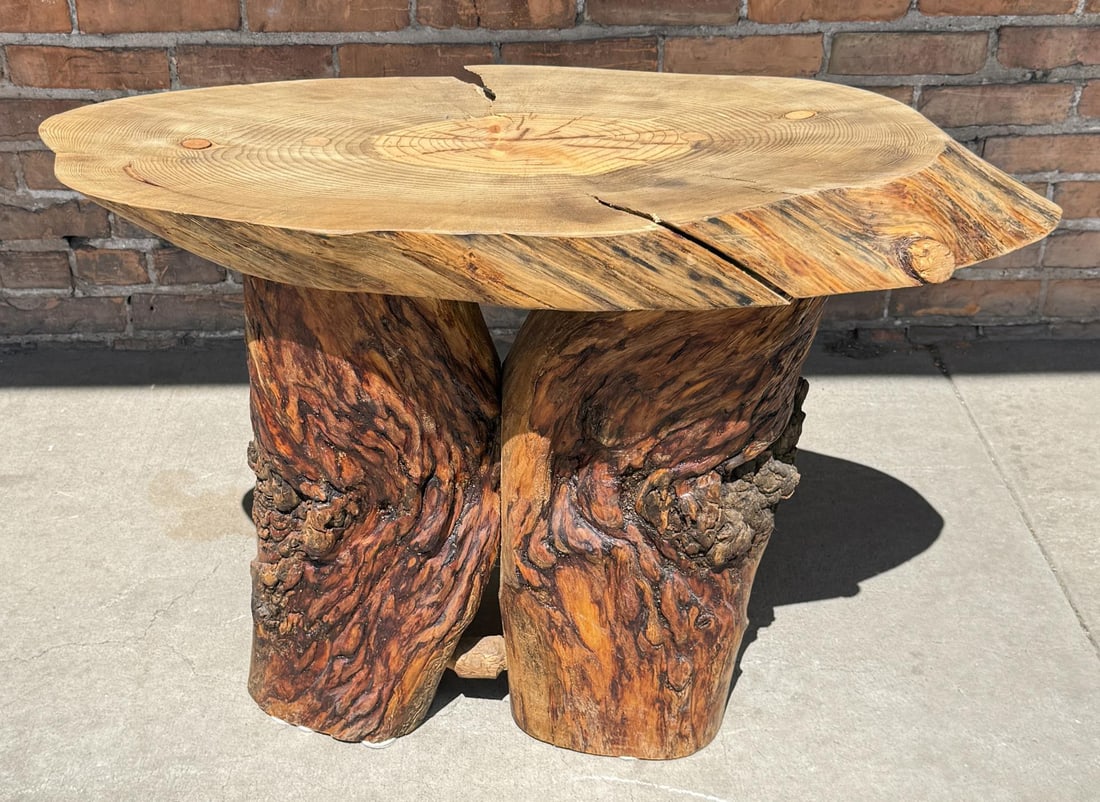 Live Edge Burl Wood Table: 15" by 36" by 25". Provenance: Estate of John J. LoMonaco.