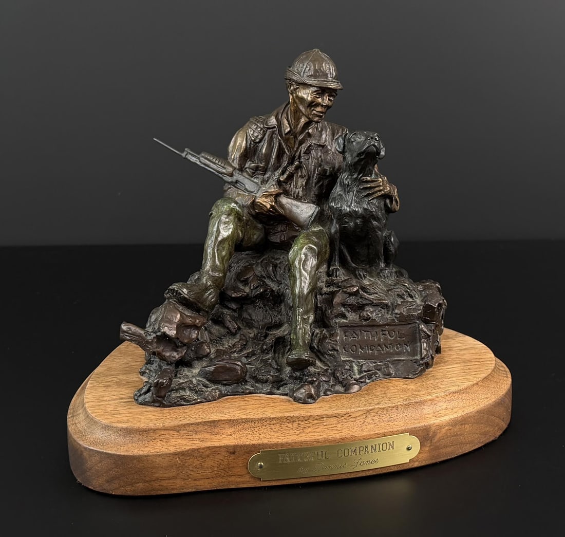 Dennis Jones Faithful Companion Bronze: Title is Faithful Companion. Circa 1985. 9 7/8" by 8" by 7 7/8". Edition 45 of 250. Provenance: Estate of John J. LoMonaco. Dennis Jones (Born 1943) is active/lives in Arizona. Dennis Jones is known f