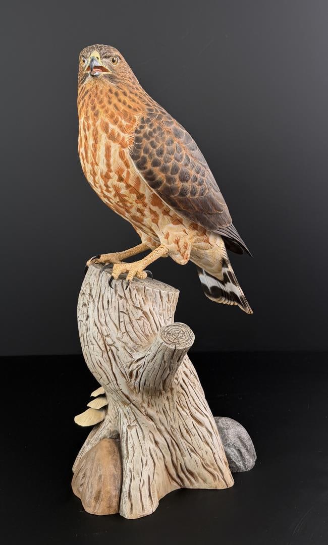 Larry Inman Broad Winged Hawk Wood Carving: Title is Woodland Tiger. Circa 1998. 18" by 11 1/4" by 7 7/8". Provenance: Estate of John J. LoMonaco.