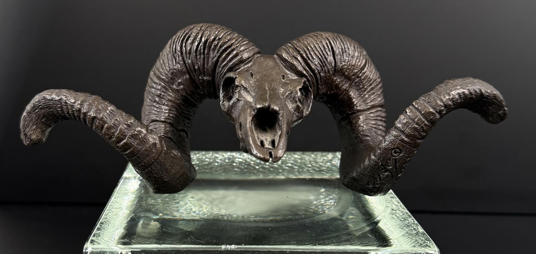 David Schaefer Ammon Ammon Ram Skull Bronze: Title is Ammon Ammon. Edition 15 of 50. 7 3/4" by 3 5/8" by 2 3/4". Provenance: Estate of John J. LoMonaco. David Schaefer. 1949 - 2012. Known for: Sculptor-wild animal. David was born of second gener