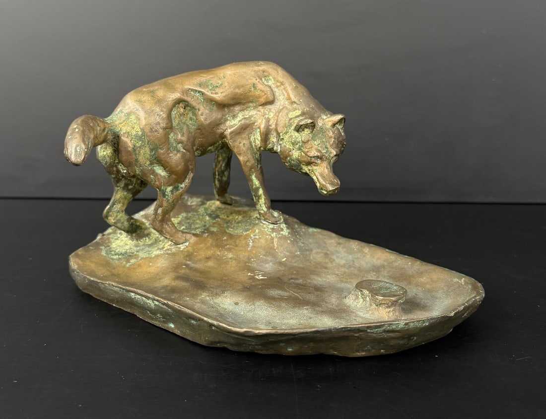 Charles M Russell The Last Laugh Bronze Montana: Title is The Last Laugh or The Wolf Ashtray. 7" by 5" by 3 3/4". Stamped B. Zoppo Foundry. It has no skull present. Charles Marion Russell (1864 - 1926) was active/lived in Montana, California,