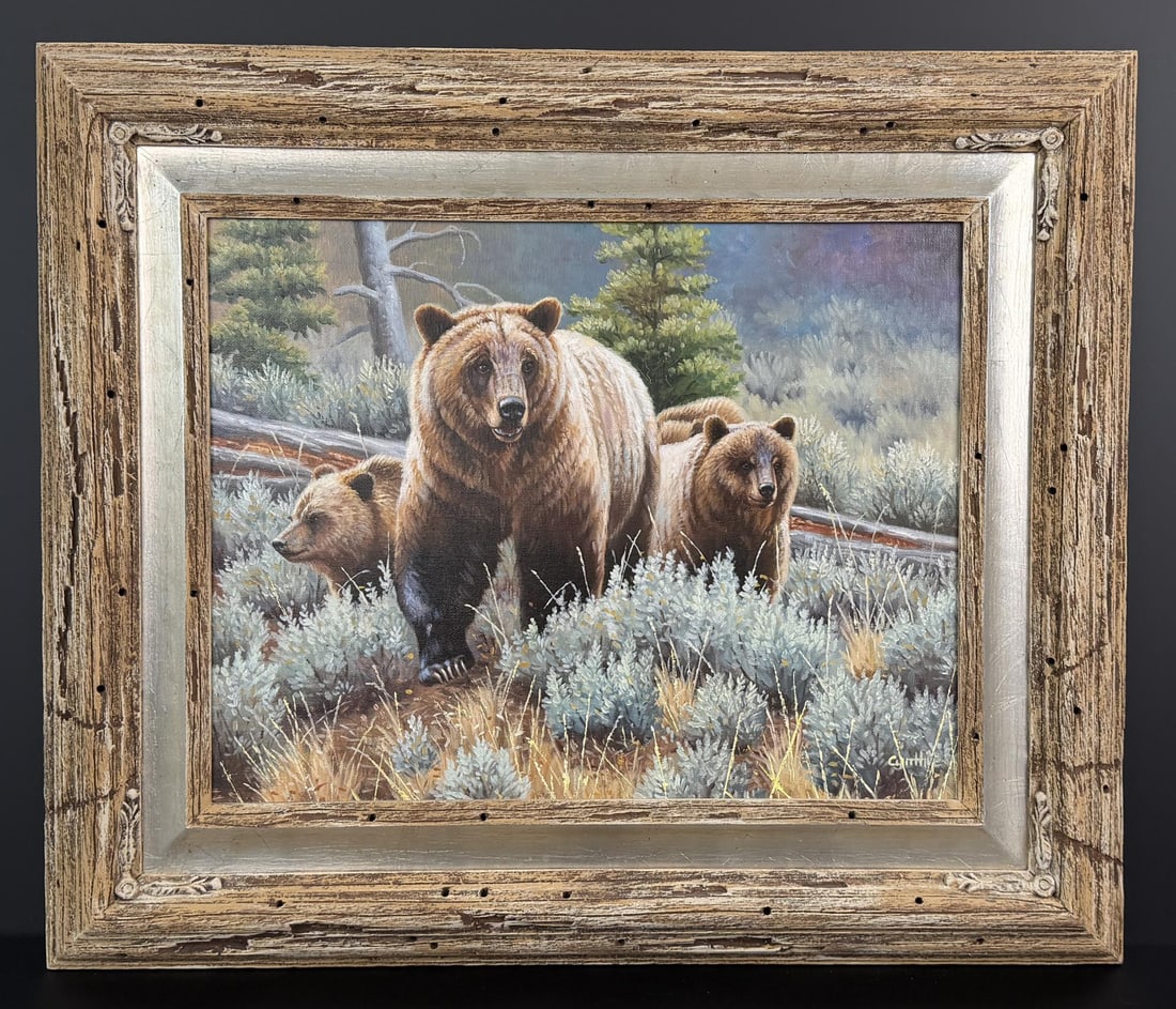 Cynthie Fisher Grizzly Bear Oil Painting: Title is Mother and Cubs. 16" by 20" unframed, 22" by 26" framed. Oil on panel. Provenance: Estate of John J. LoMonaco. Cynthie Fisher (20/21st centuries) is active/lives in Montana. Cynthie Fisher is