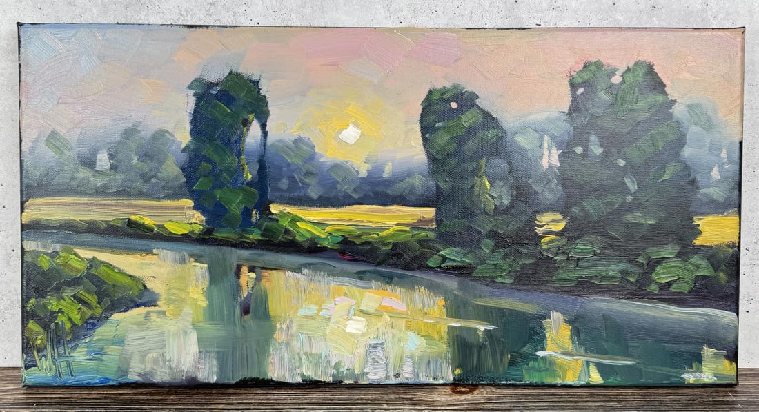 William Hawkins Moon Lit River Oil Painting: Title is Moon Lit River. 12" by 24"" unframed. Oil on canvas. William Hawkins (Born 1962) is active/lives in Arizona. Wm. Hawkins is known for his colorful and stylized impressionist oil paintings. Hi