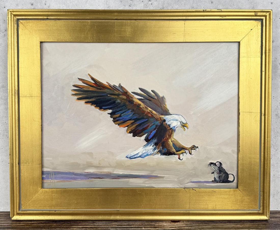 William Hawkins Eagles Prey Oil Painting: Title is Eagles Prey. 12" by 16" unframed, 16 1/2" by 20 1/2" framed. Oil on board. William Hawkins (Born 1962) is active/lives in Arizona. Wm. Hawkins is known for his colorful and stylized impressio