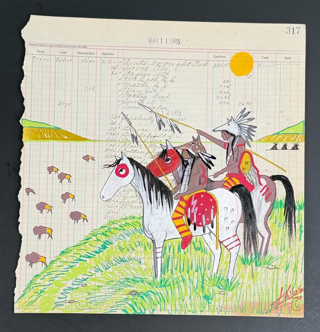 Kenny Miller Crow Creek Ledger Art Painting: Title is Where the Buffalo Roam. 11 1/4" by 11 1/4". Kenny Miller, a talented Native American artist and member of the Yankton Sioux Tribe, who currently resides in Mitchell, SD. His stunning artwork,