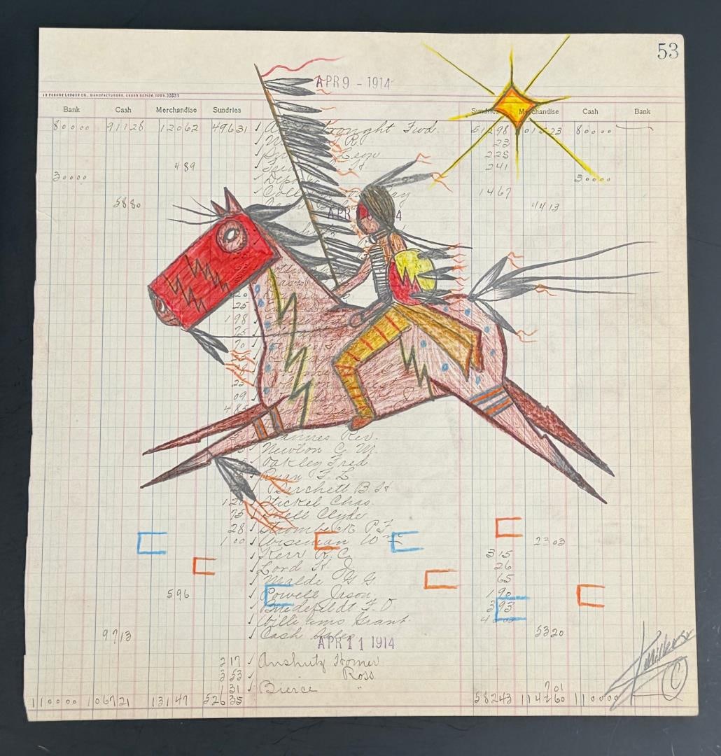 Kenny Miller Crow Creek Ledger Art Painting: Title is Rides the Lightning. 11 5/8" by 11 1/8". Kenny Miller, a talented Native American artist and member of the Yankton Sioux Tribe, who currently resides in Mitchell, SD. His stunning artwork, in