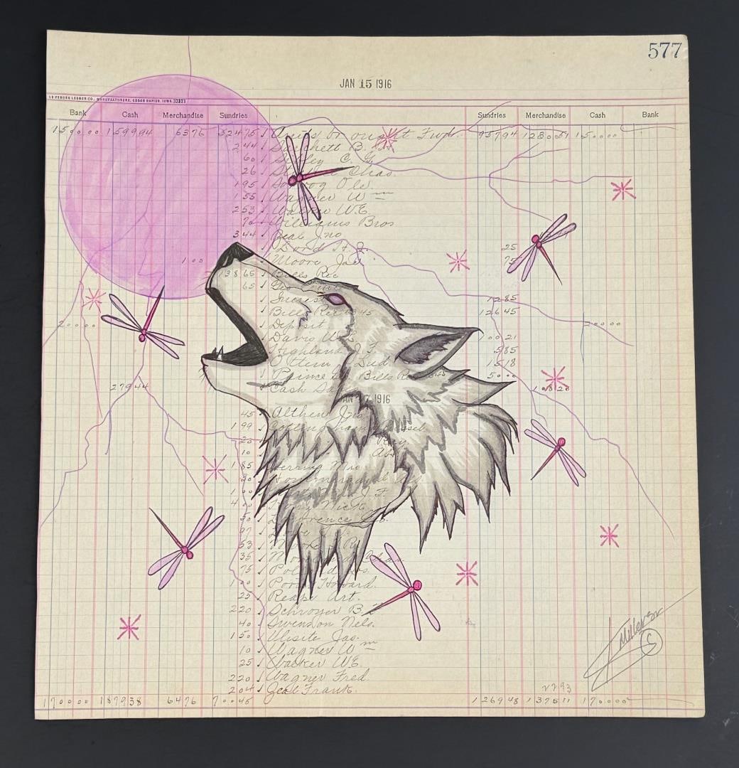 Kenny Miller Crow Creek Ledger Art Painting: Title is Full Moon Dragonflies. 11 1/4" by 11 7/8". Kenny Miller, a talented Native American artist and member of the Yankton Sioux Tribe, who currently resides in Mitchell, SD. His stunning artwork, 