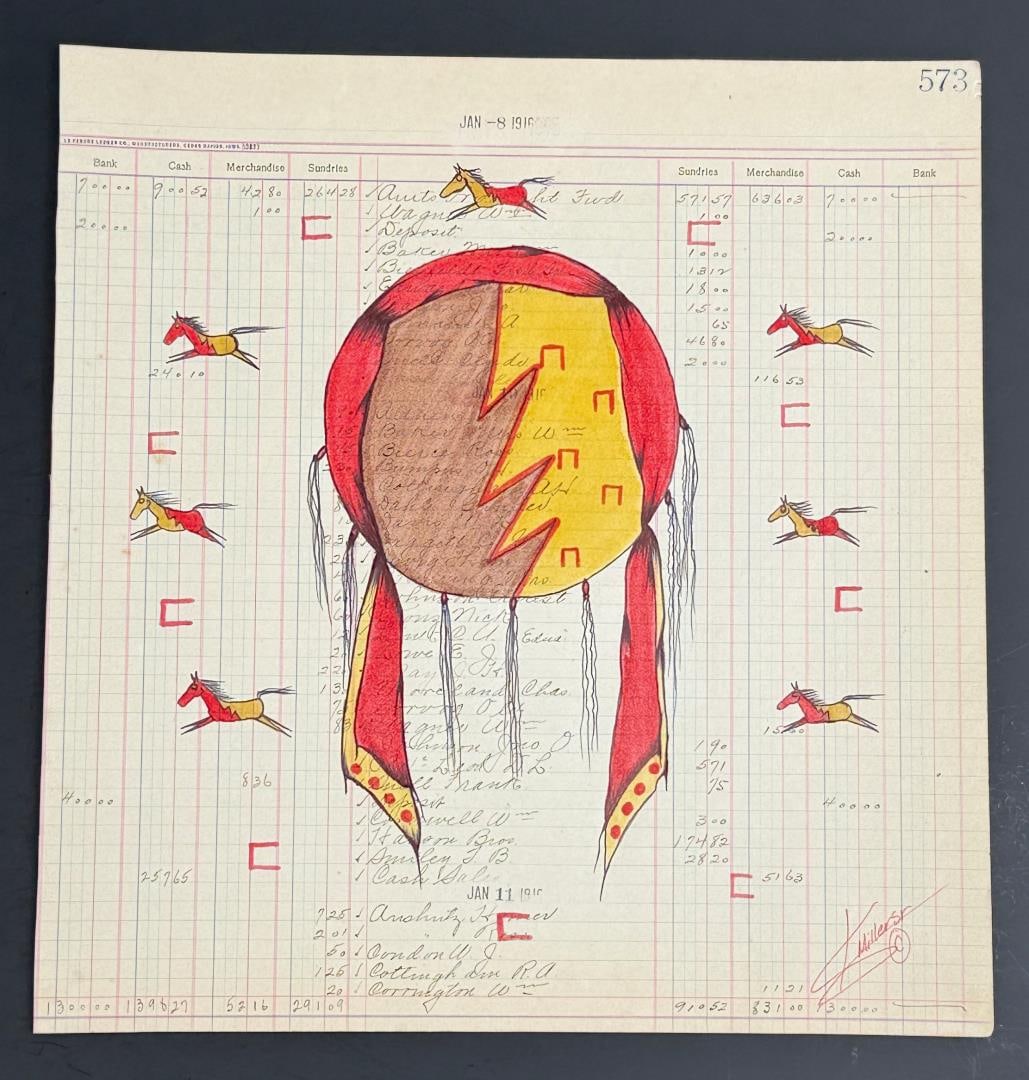 Kenny Miller Crow Creek Ledger Art Painting: Title is The War Drum. 11 1/4" by 11 7/8". Kenny Miller, a talented Native American artist and member of the Yankton Sioux Tribe, who currently resides in Mitchell, SD. His stunning artwork, inspired 