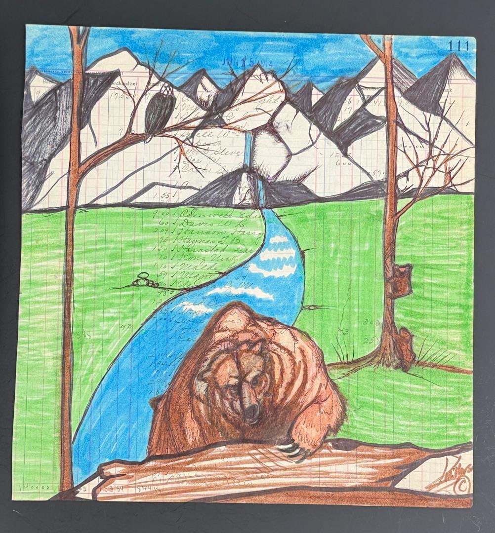 Kenny Miller Crow Creek Ledger Art Painting: Title is Spring Bears. 11 1/4" by 11 7/8". Kenny Miller, a talented Native American artist and member of the Yankton Sioux Tribe, who currently resides in Mitchell, SD. His stunning artwork, inspired 