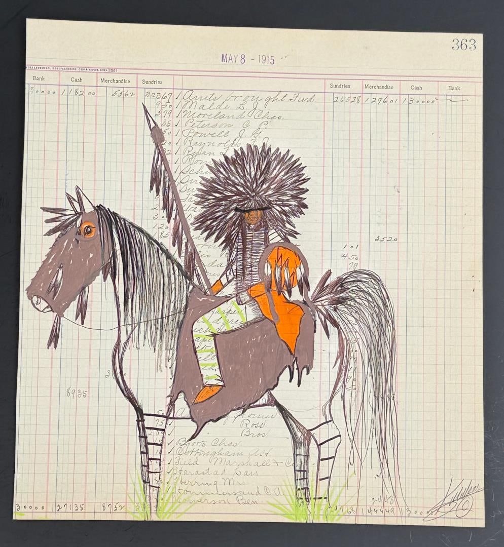 Kenny Miller Crow Creek Ledger Art Painting: Title is Indian Warrior. 10 7/8" by 11 1/2". Kenny Miller, a talented Native American artist and member of the Yankton Sioux Tribe, who currently resides in Mitchell, SD. His stunning artwork, inspire