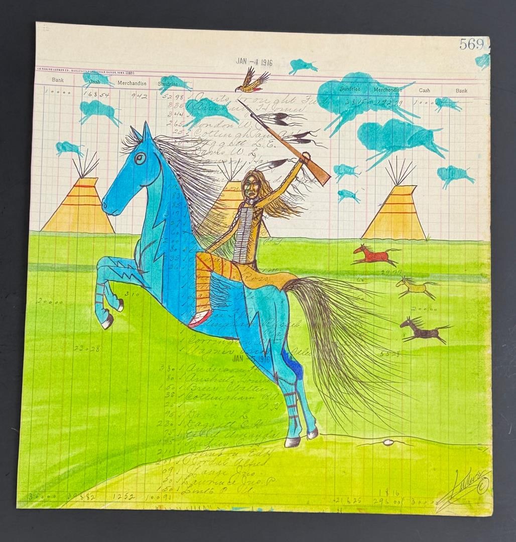 Kenny Miller Crow Creek Ledger Art Painting: Title is Running Free. 11 1/4" by 11 7/8". Kenny Miller, a talented Native American artist and member of the Yankton Sioux Tribe, who currently resides in Mitchell, SD. His stunning artwork, inspired 