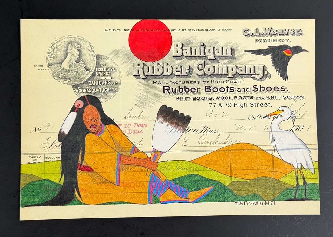 Travis Blackbird Lakota Indian Ledger Art Painting: Title is Summer on the Plains. 5 1/2" by 8 1/4". Travis Blackbird (1975 - Present) is Oglala Lakota from his mother's side and Omaha. He engages in a number of art forms and has become particularly we