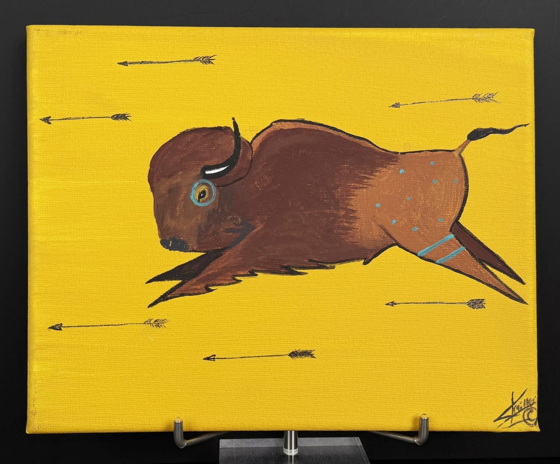Kenny Miller Buffalo Escape Ledger Style Painting: Title is Buffalo Escape. 8" by 10 1/4" unframed. Acrylic on canvas. Kenny Miller, a talented Native American artist and member of the Yankton Sioux Tribe, who currently resides in Mitchell, SD. His st