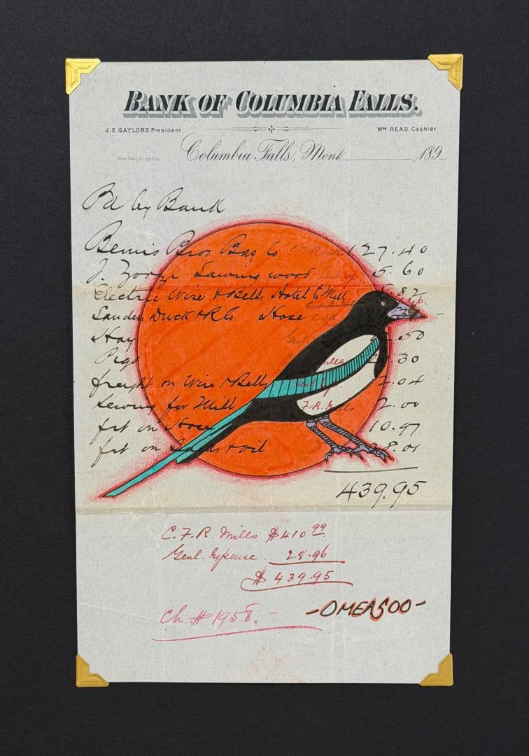 Lyle Omeasoo Blackfeet Montana Ledger Painting: Title is Magpie Moon. Measures 5 3/4" by 9 1/2". Lyle Omeasoo, was born on the Blackfeet Reservation in Montana. He is of the Blackfeet and Cree tribes. His children inspire him to paint and to be a g