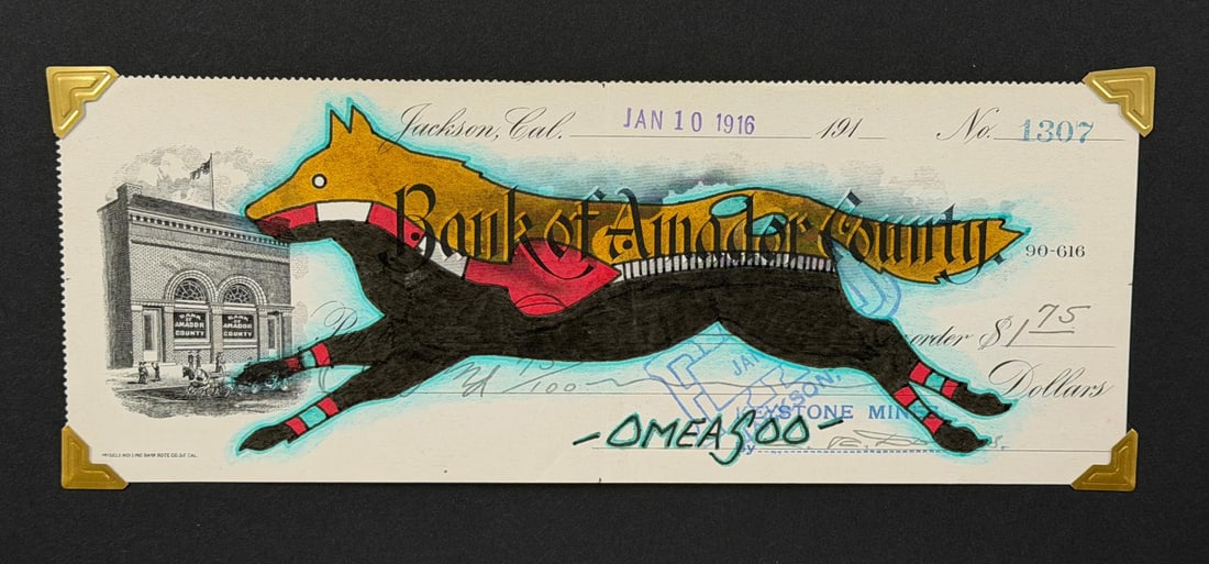 Lyle Omeasoo Blackfeet Montana Ledger Painting: Title is Yellow Wolf. Measures 3 1/4" by 8 1/2". Lyle Omeasoo, was born on the Blackfeet Reservation in Montana. He is of the Blackfeet and Cree tribes. His children inspire him to paint and to be a g