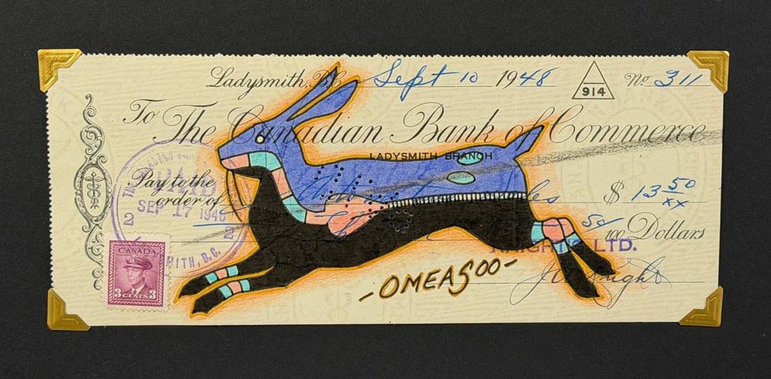 Lyle Omeasoo Blackfeet Montana Ledger Painting: Title is Blue Rabbit. Measures 3 3/8" by 8 1/4". Lyle Omeasoo, was born on the Blackfeet Reservation in Montana. He is of the Blackfeet and Cree tribes. His children inspire him to paint and to be a g