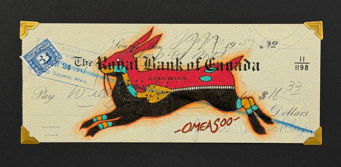 Lyle Omeasoo Blackfeet Montana Ledger Painting: Title is Red Rabbit. Measures 3 3/8" by 8 1/4". Lyle Omeasoo, was born on the Blackfeet Reservation in Montana. He is of the Blackfeet and Cree tribes. His children inspire him to paint and to be a go