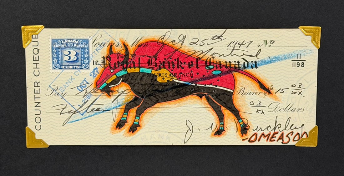 Lyle Omeasoo Blackfeet Montana Ledger Painting: Title is Red Buffalo. Measures 2 3/4" by 6 3/4". Lyle Omeasoo, was born on the Blackfeet Reservation in Montana. He is of the Blackfeet and Cree tribes. His children inspire him to paint and to be a g