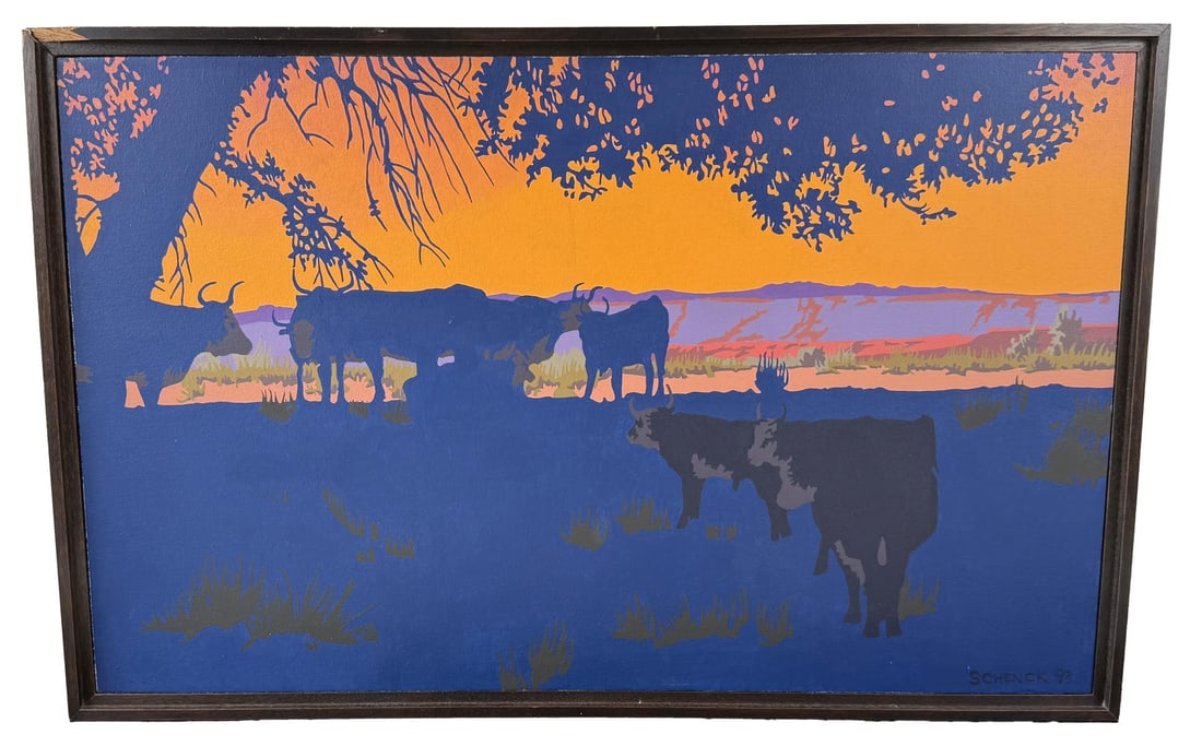 Bill Schenck Longhorns in the Shade Painting: Title is Longhorns in the Shade. 19 1/2" by 32 1/2" unframed, 21" by 34" framed. Oil on Canvas. Provenance: Private Collection, Iowa. Private Collection, Iowa, acquired from the above as a gift. Bill 