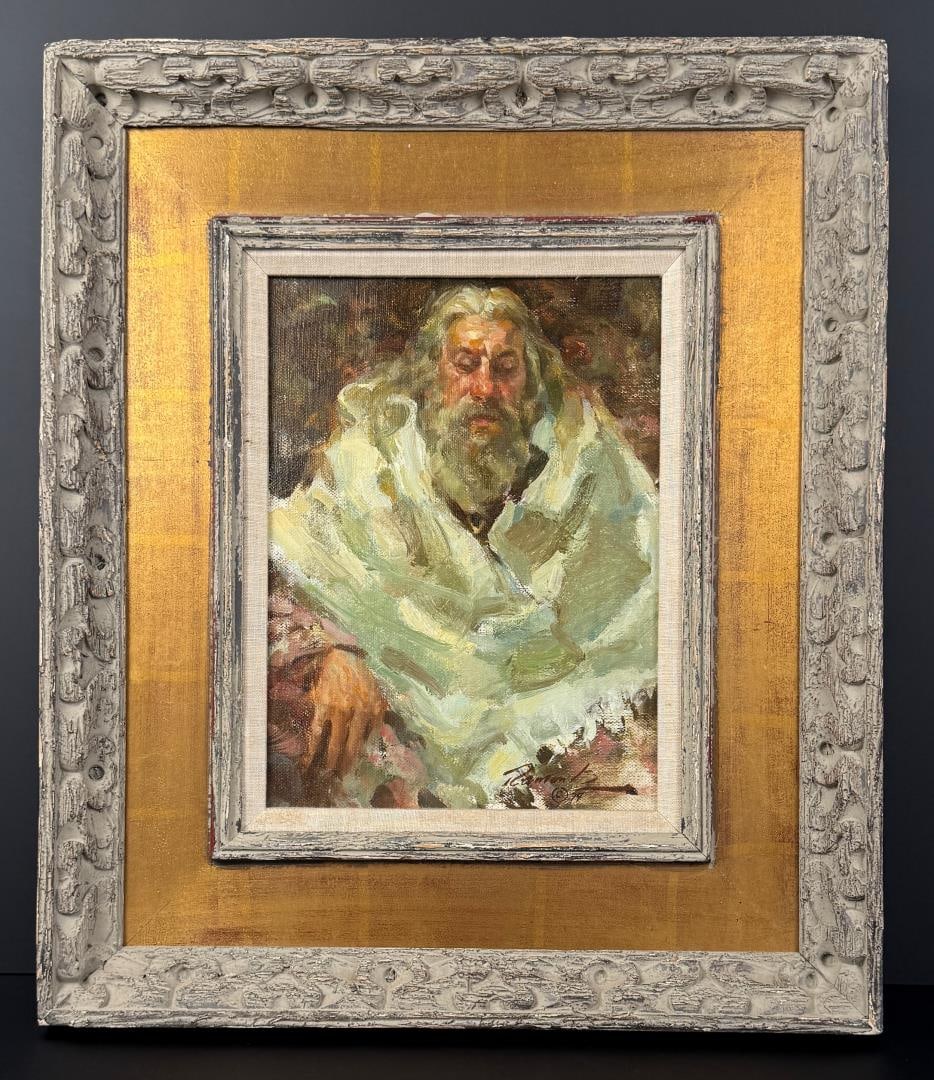 Ramon Kelley Pappy Wagner Painting: Title is Pappy Wagner the Mexican Poncho. 9" by 12" unframed. 17 1/2" by 20 1/2" framed. Oil on Board. Ramon Kelley (Born 1939) is active/lives in Colorado, Wyoming. Ramon Kelley is known for Figure-n