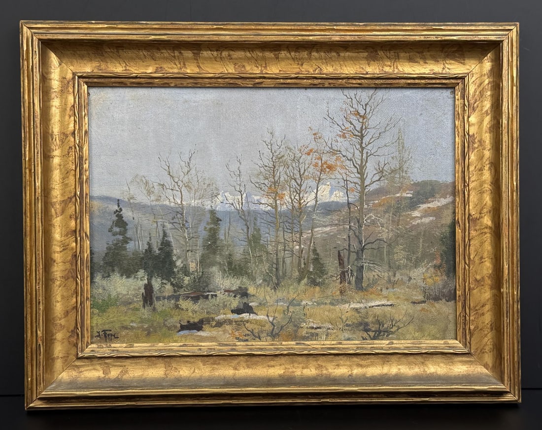 John Fery Jackson Lake Wyoming Painting: Title is John Fery's camping ground for bear and deer hunting, Grand Tetons near Jackson Lake Wyoming. 8 1/2" by 12" unframed, 12" by 15 1/2" framed. Oil on Board. Provenance: Andrew Jones Auctions 20