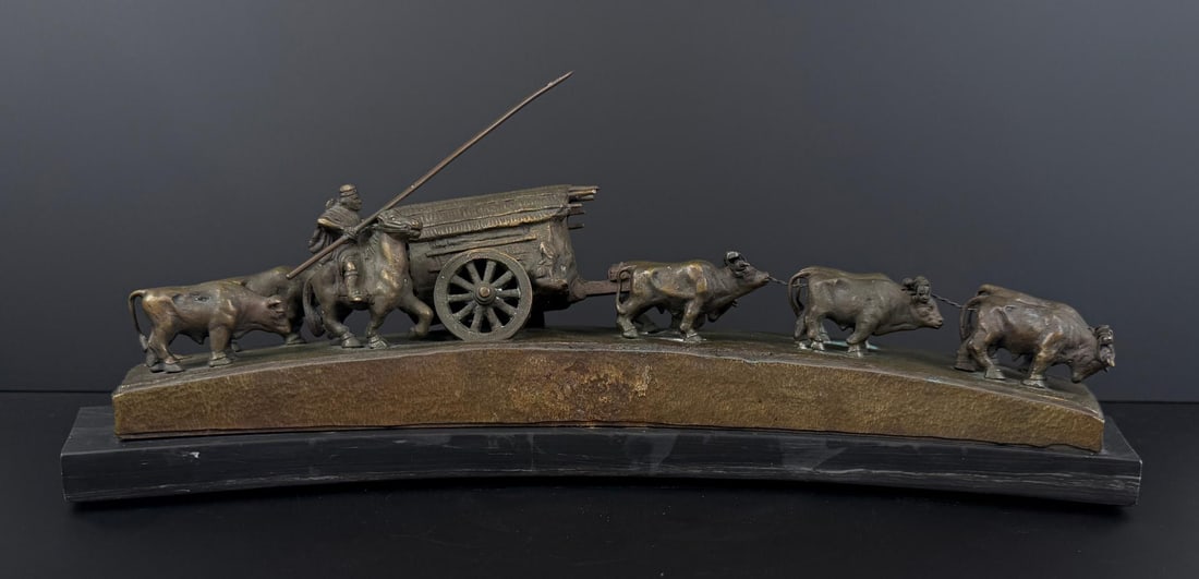 Jose Belloni The Cart Bronze: 20" by 7 1/8" by 6 1/2". Jose Leoncio Belloni. 1882 Montevideo - 1965. Known for: Portrait busts, tombstones, allegorical and religious sculpture. Born in Montevideo, the sculptor Jose Belloni went to