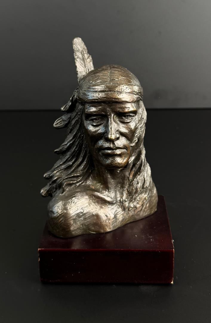 Frederic Remington Indian Chief Bronze: 7" by 4 1/8" by 3 5/8". Frederic Sackrider Remington (1861 - 1909) was active/lived in New York, Kansas, Connecticut. Frederic Remington is known for Western painting and sculpture, illustration. In h
