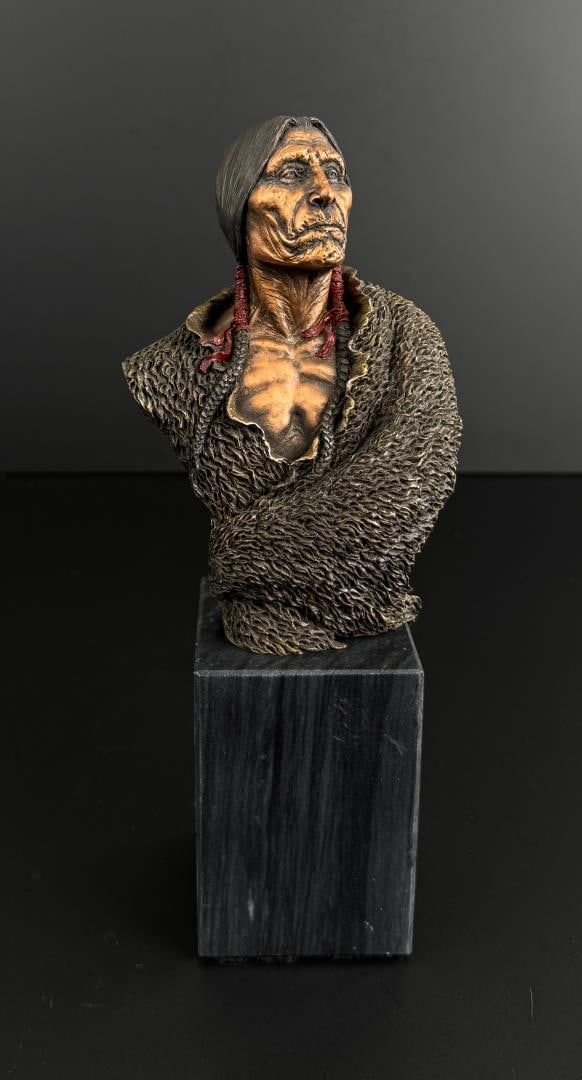 Joe Slockblower Old Storyteller Pewter Sculpture: 9 5/8" by 4" by 3 1/4". Missing feathers.