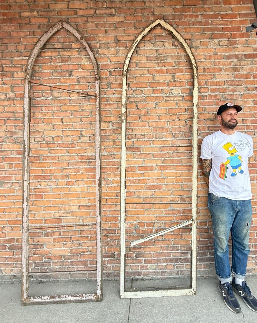 Butte Montana Architectural Church Window Frames: 115" tall, 33" wide. These are excessively large, they can be shipped freight, but pickup at our facility is recommended. Model is 6'5" for reference.