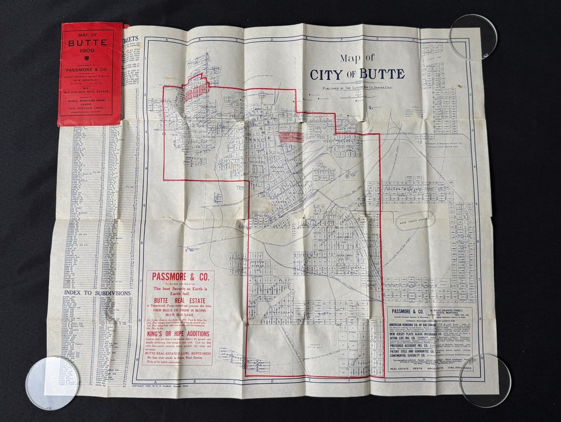 1909 Map of Butte Montana: Passmore and Co. 19" by 22 1/8".