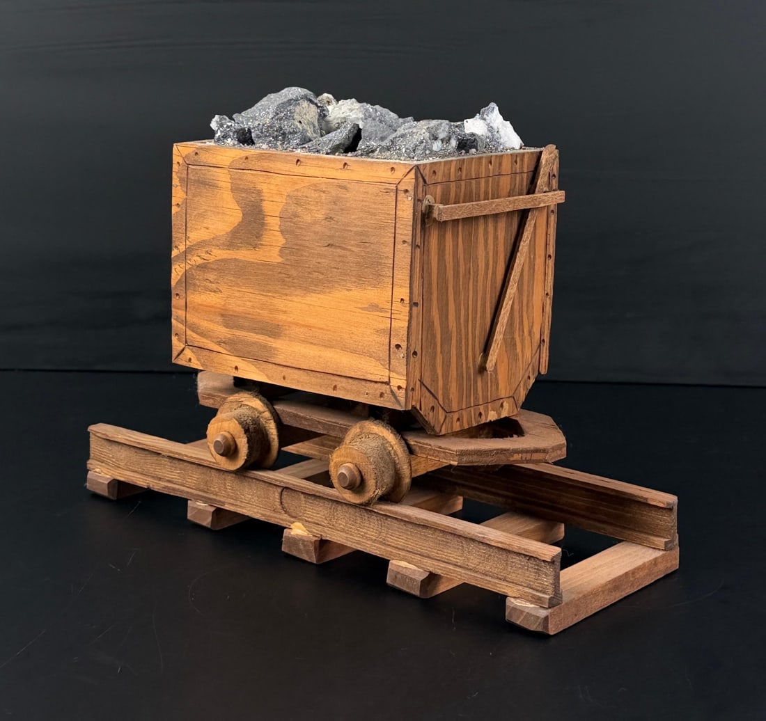 Butte Montana Folk Art Miniature Mining Ore Cart: 4" by 6 7/8" by 9 1/4".