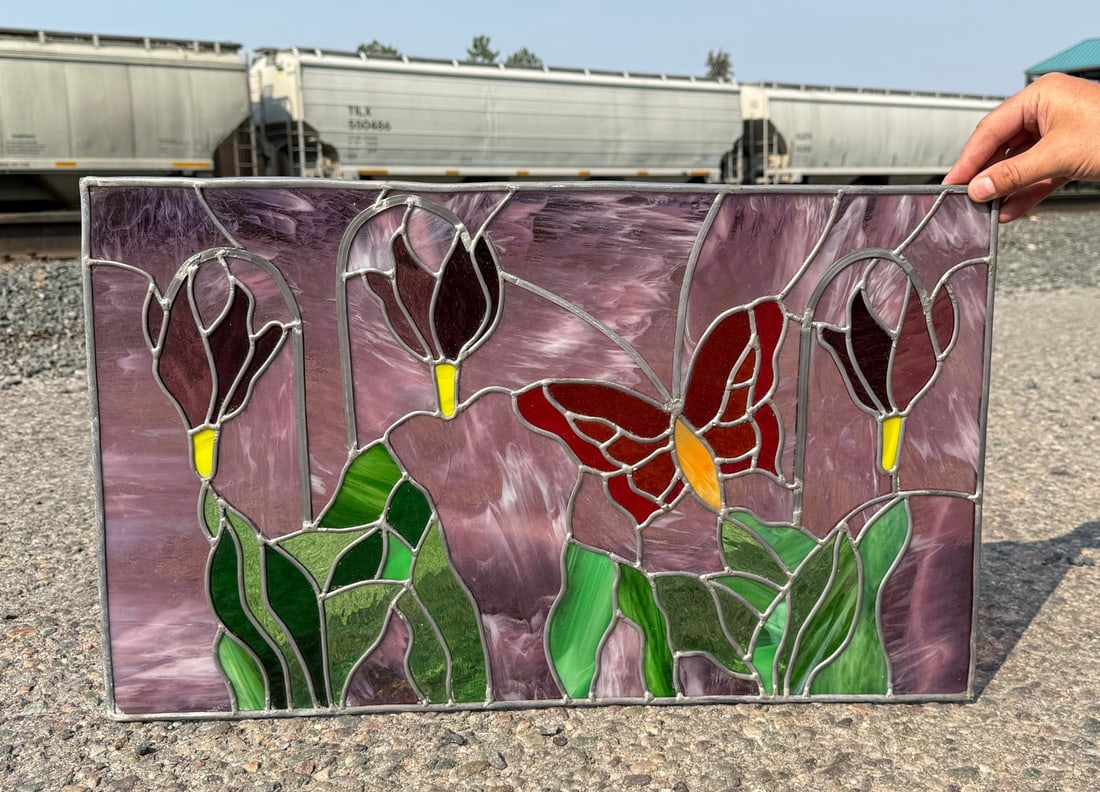 Butte Montana Stained Glass Window: 16" by 26 1/2". Cracked as shown.