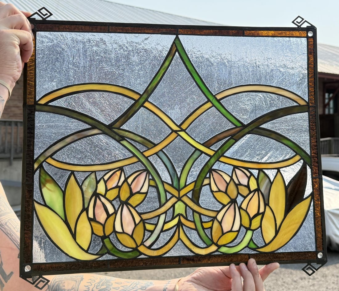 Antique Butte Montana Stained Glass Window: 17 1/4" by 21". Cracked as shown.